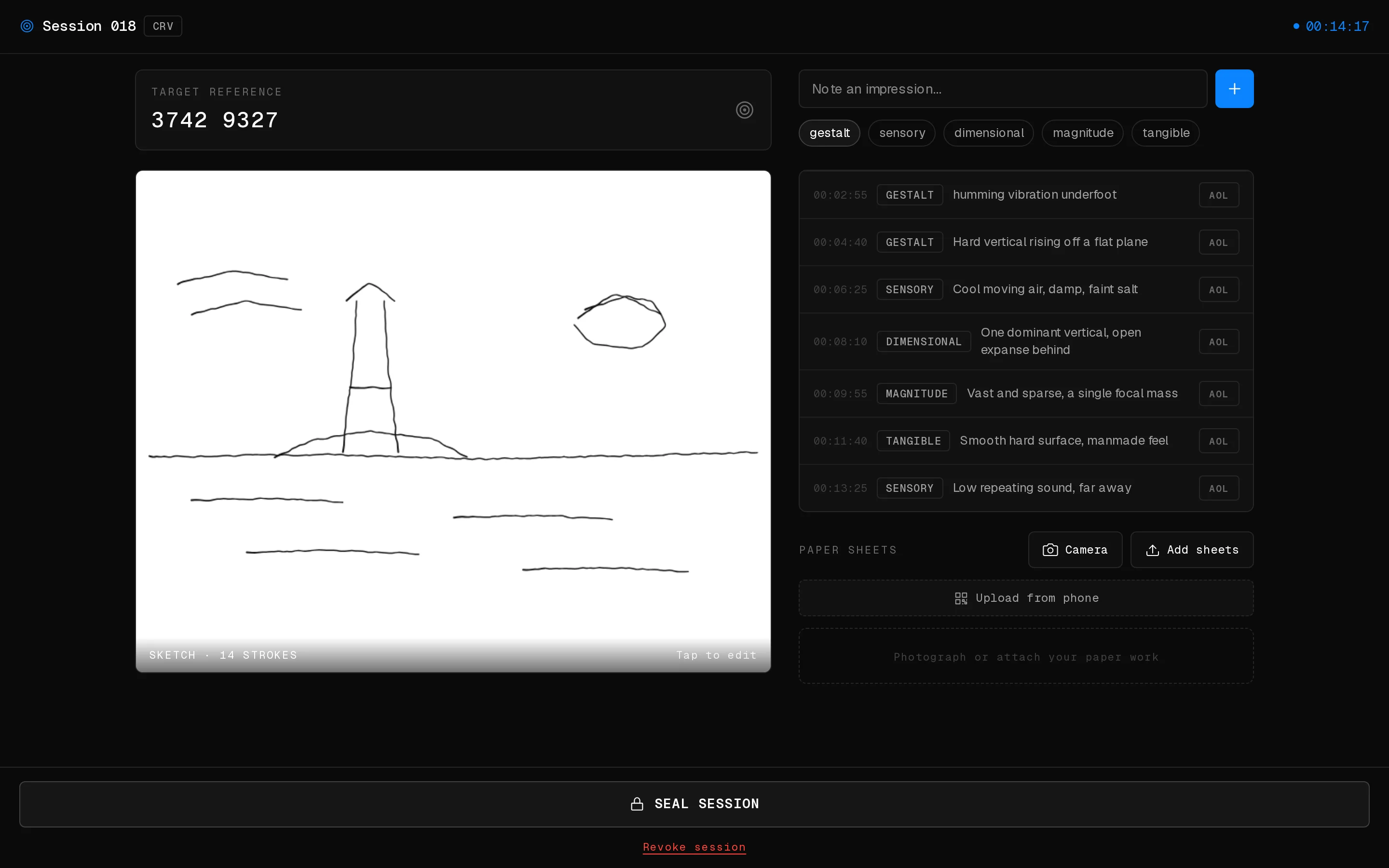 Une session Viewer 001 en cours : un croquis tracé à la main sur le canevas, à côté d'un journal de descripteurs horodatés et catégorisés.
