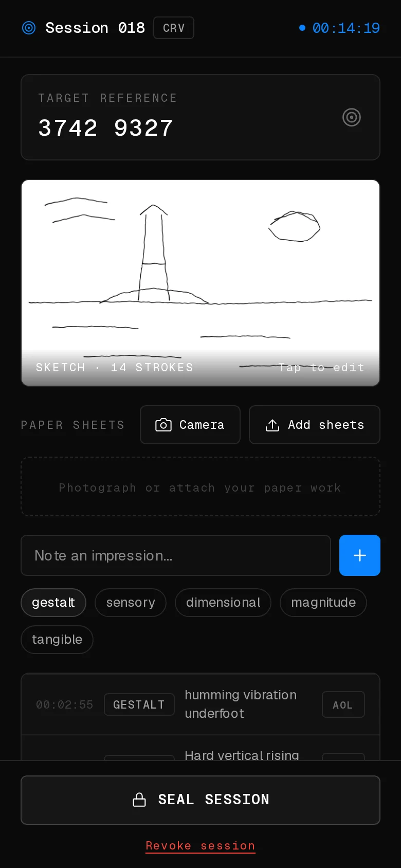 Une session Viewer 001 en cours sur un téléphone : référence du target, croquis et saisie de descripteurs.